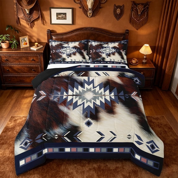 jejeloiu Nautical Aztec Full Size Comforter Sets,Cowhide Print Bedding Comforter Set For Boys,Blue Brown White,Black Reversible,3-Piece,1 Comforter and 2 Pillowcases