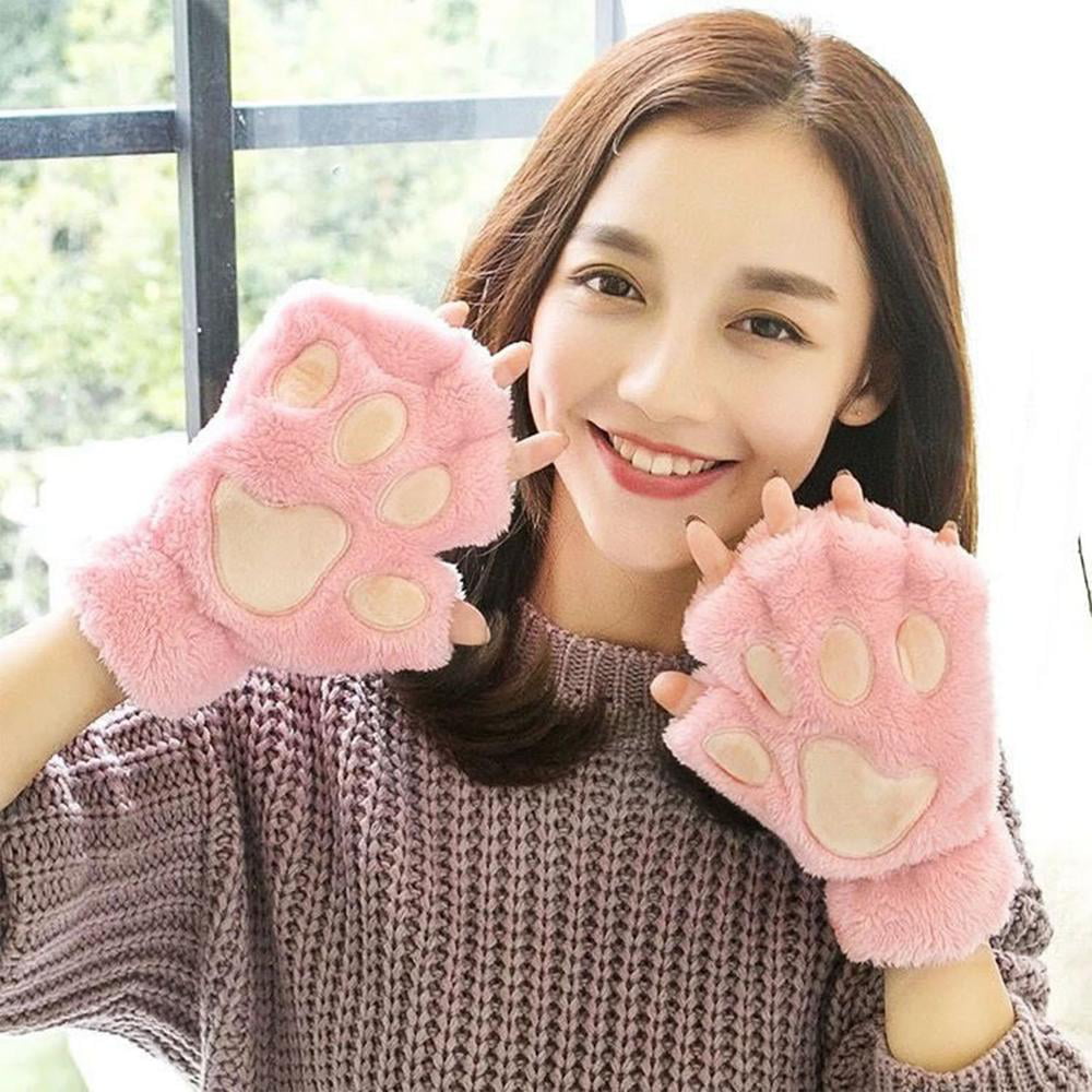 Halloween Cat Paw Gloves Women Girls Cold Weather Mittens Fingerless Gloves 