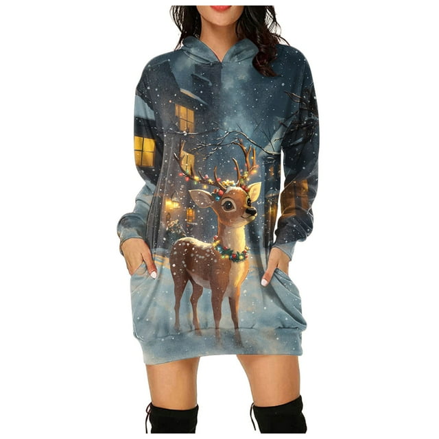 TJAZFJPA Robes de Bal pour Adolescentes Robe Confortable pour Femmes Robe Imprimée Vintage Robe à Manches Longues Chandails à Capuchon Robes Midi à Manches Longues avec Poches Robe de Bal Rouge Robe Décontractée pour Femmes
