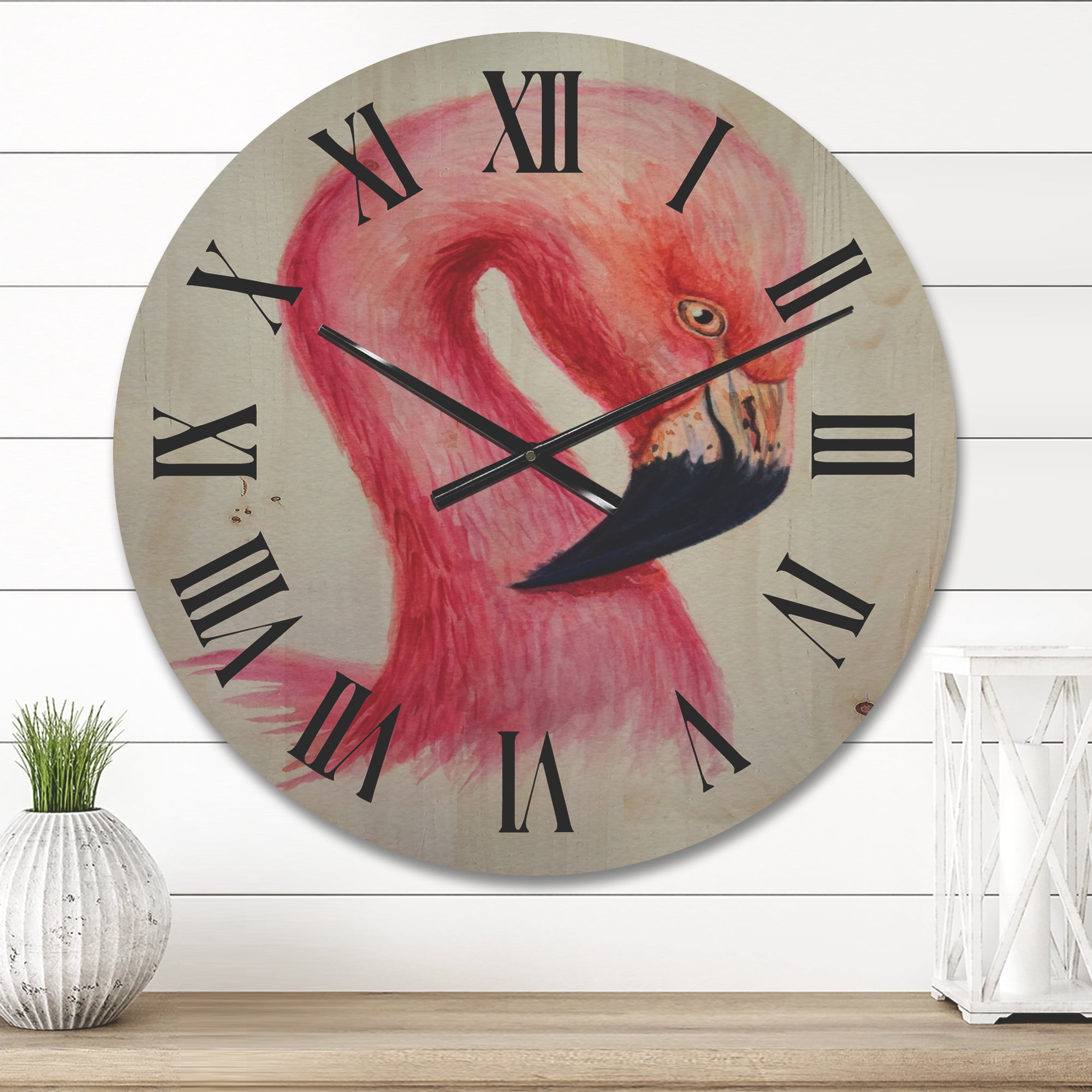 Designart 'Abstract Portrait of Pink Flamingo IV' Farmhouse Wood Wall Clock