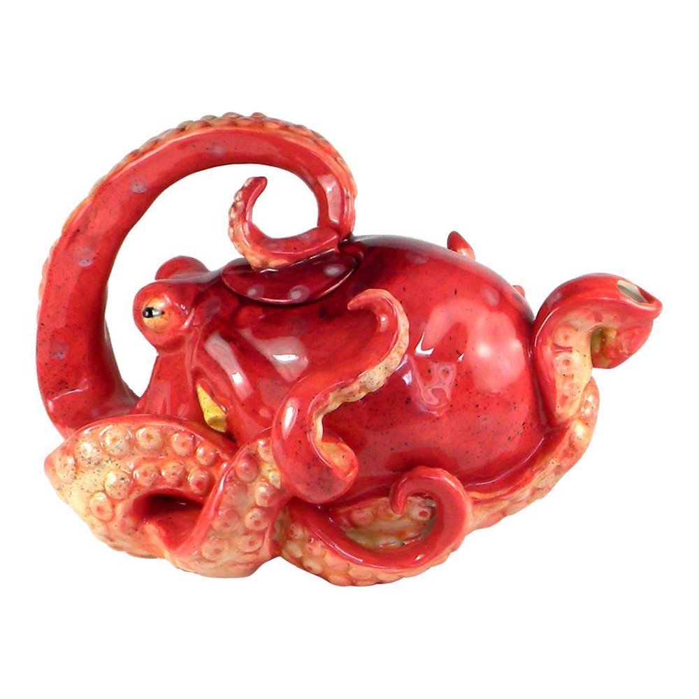 RED OCTOPUS HandPainted Ceramic Teapot, by Blue Sky Ceramics, 7" Tall