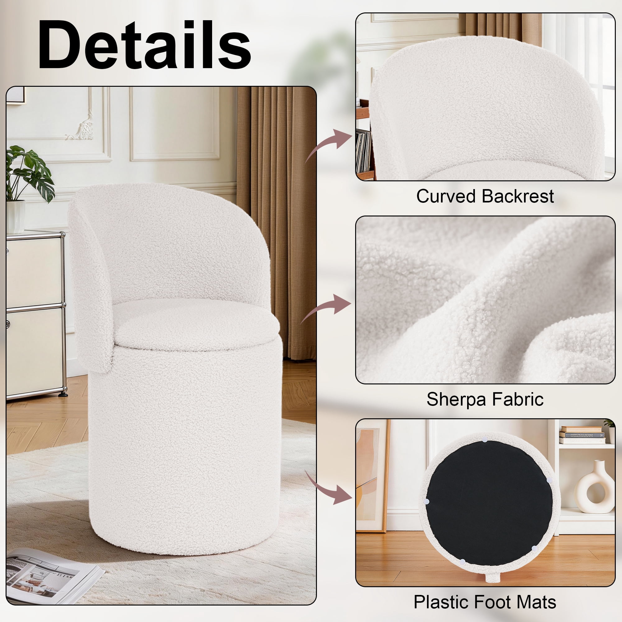 GEEYOO Modern Round Vanity Storage Stool,Sherpa Upholstered Ottoman with Foldable Backrest and Removable Lid,Comfy Makeup Stool for Bedroom Living Room,Beige