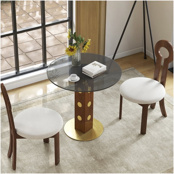 Gold Base Round Dining Table with Tempered Glass Top and Wooden Leg, Modern Kitchen Table for Two in Small Spaces