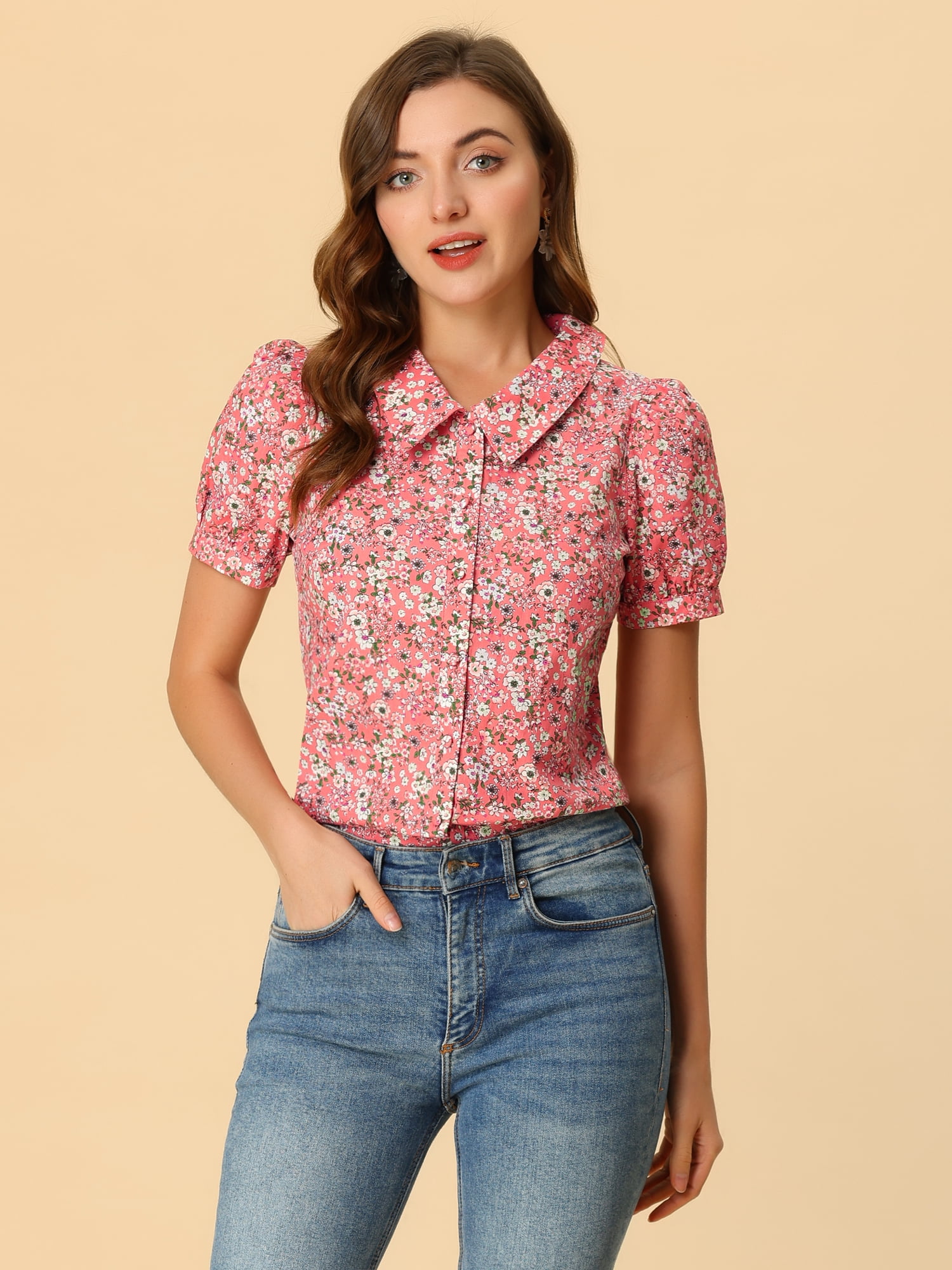 DARING DIVA Women's Turndown Collar Button Down Floral Blouse XL Pink