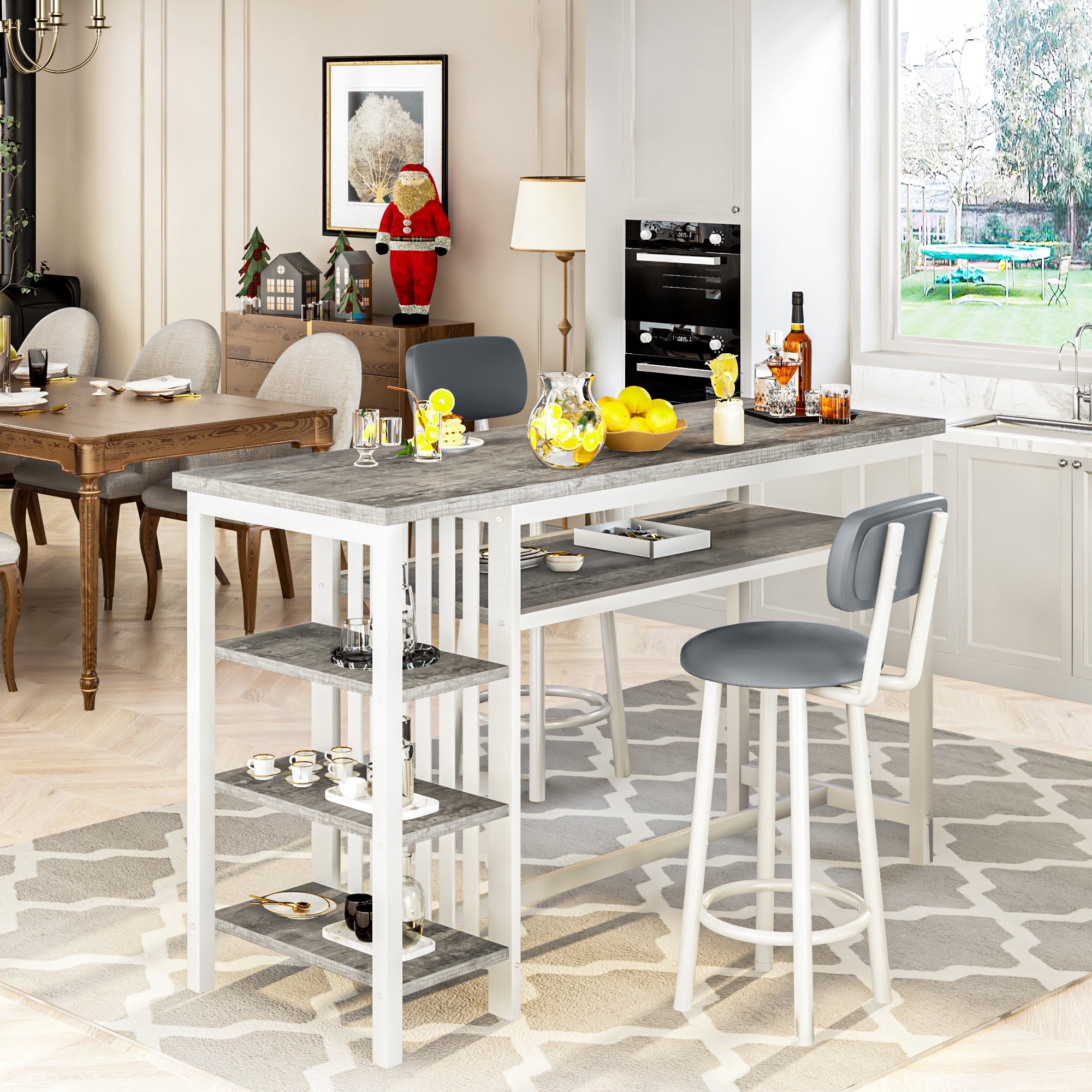 BAXLUXE Kitchen Table and Chairs, Bar Dining Table Set for 2,Dining Table with Chairs,Small Kitchen Bar Table Faux Marble Bar Table with Storage