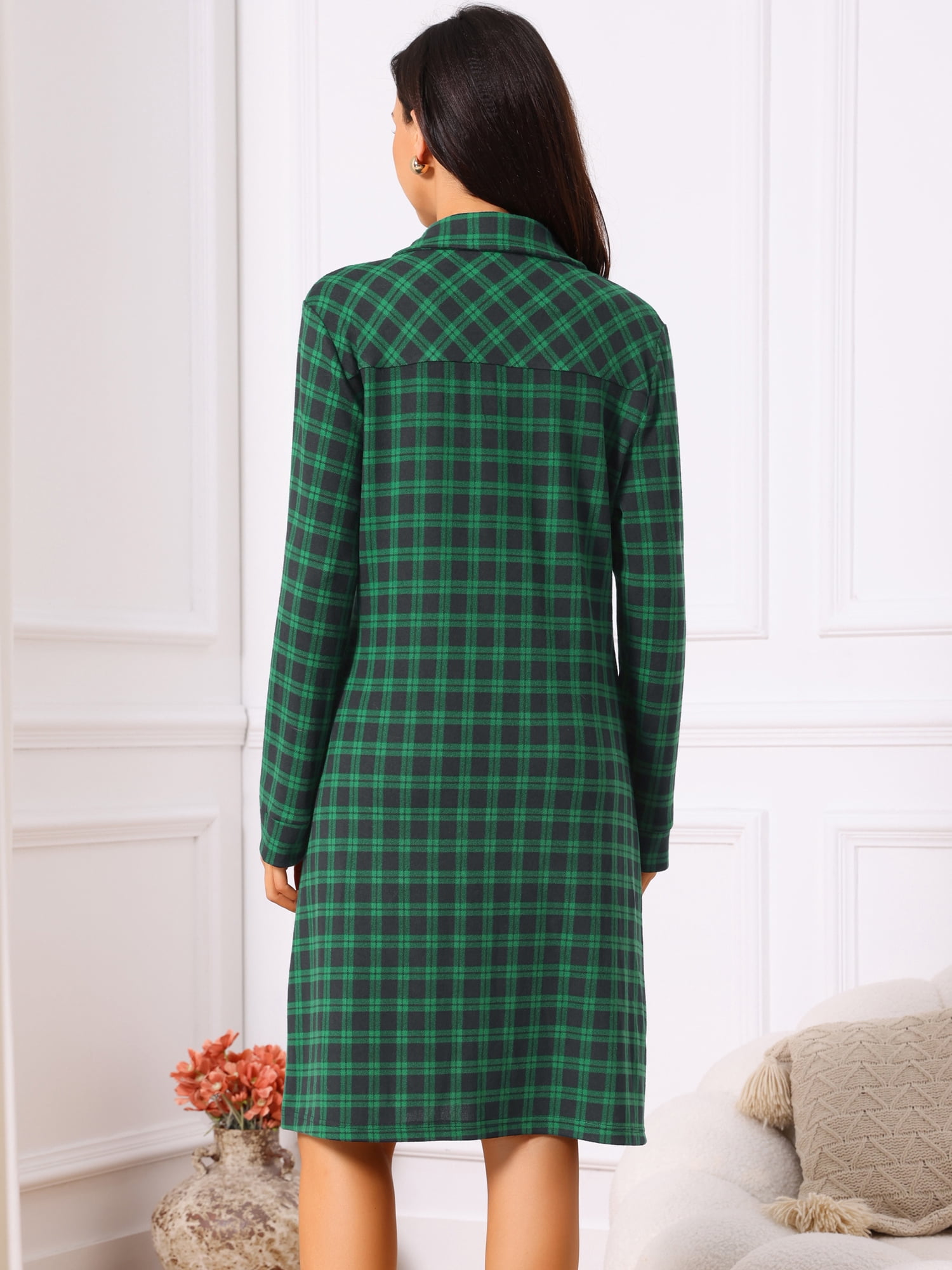 DARING DIVA Women's Vintage Plaid Long Sleeve Casual Knee Length Dress S Dark Green