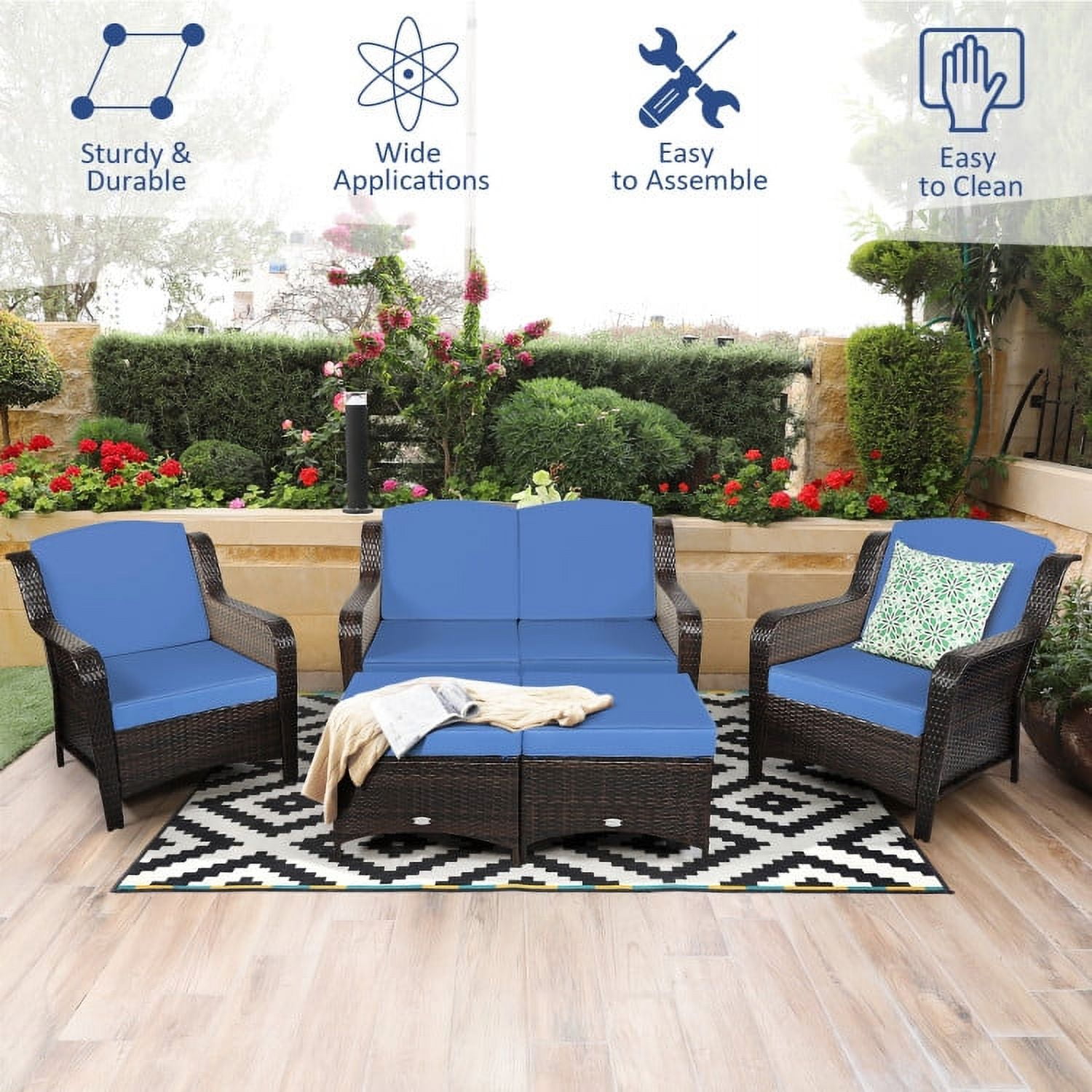 Aimee Lii 5 Pieces Patio Rattan Sofa Set with Cushion and Ottoman, Outdoor Wicker Patio Furniture Set, Navy Aimee Lii 5 Pieces Patio Rattan Sofa Set with Cushion and Ottoman, Outdoor Wicker Patio Furniture Set, Navy