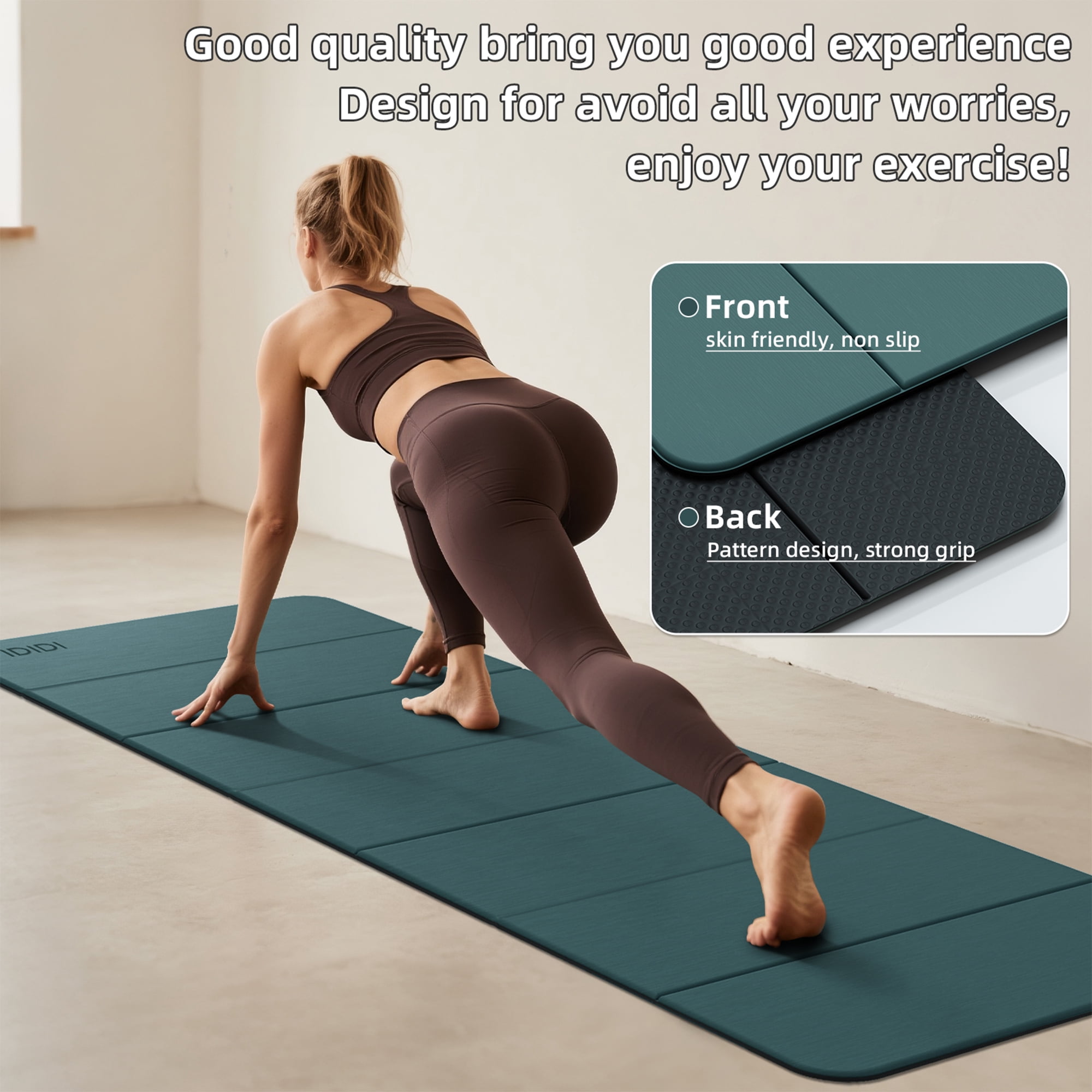 IDIDI Foldable Yoga Mat, 8mm Thick, Non Slip Exercise Mats For Home and Travel, Quick Unfold/Stor, Flat Lay No Curl Design(Green+Black)