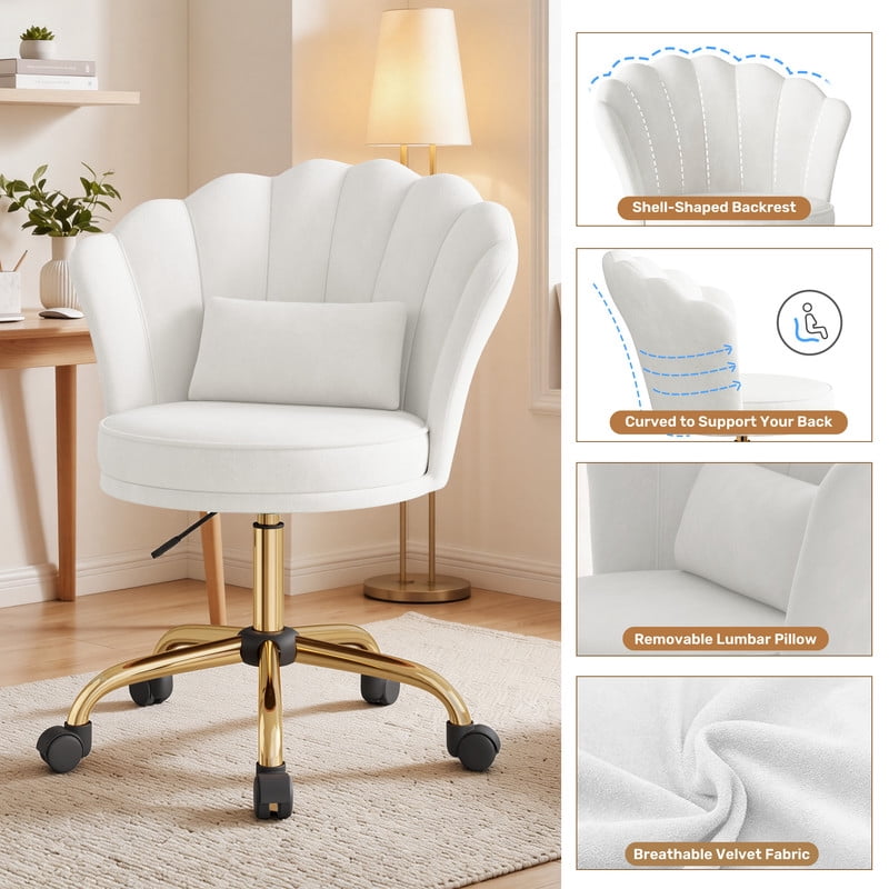 Hawsaiy Shell Back Home Office Chair with Lumbar Pillow, Modern Upholstered Desk Chair with Gold Metal Base, Swivel Adjustable Computer Chair for Home Office, White