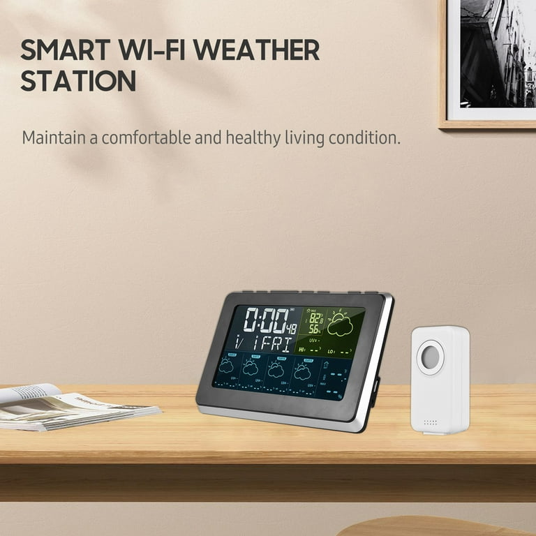 WiFi Smart Weather Station with Solar Powered, Indoor Outdoor Thermometer,  Humidity, Rain Gauge, Wind Speed, Alarm Clock