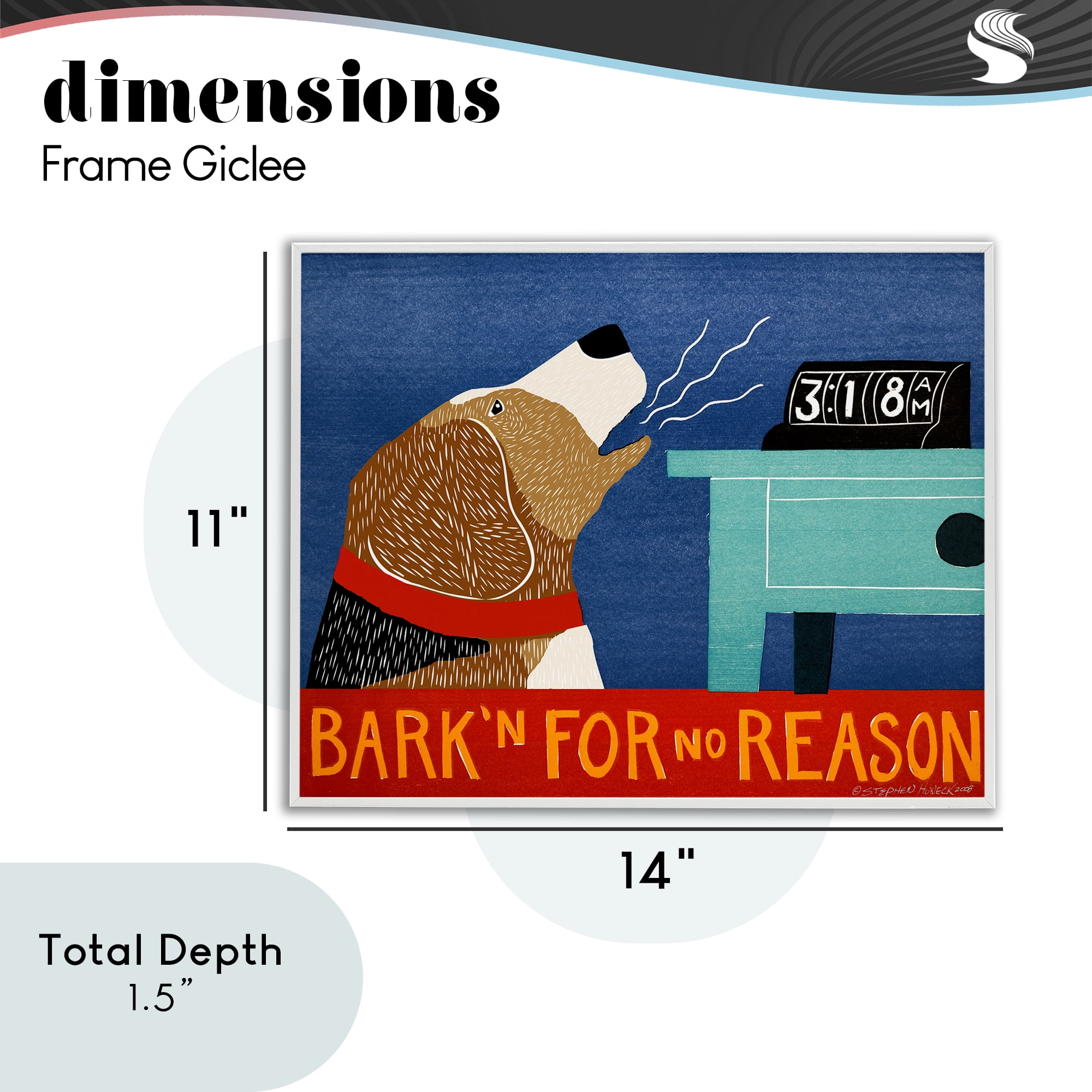 Bark'n For No Reason White Framed Giclee Art, design by Stephen Huneck