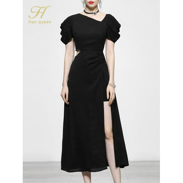 H Han Queen-Vestidos acampanados divididos para mujer, Vestido de media pantorrilla ajustado OL, Vestido de fiesta informal de trabajo, Vestido elegante de oficina para mujer