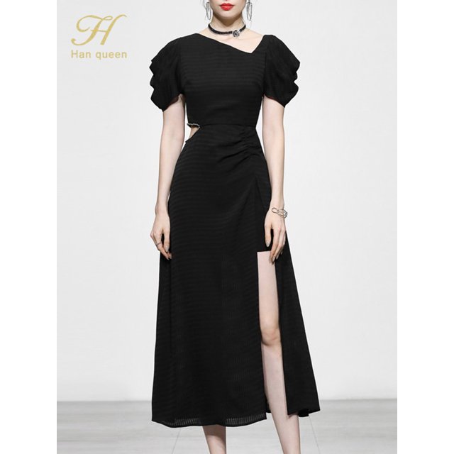 H Han Queen-Vestidos acampanados divididos para mujer, Vestido de media pantorrilla ajustado OL, Vestido de fiesta informal de trabajo, Vestido elegante de oficina para mujer