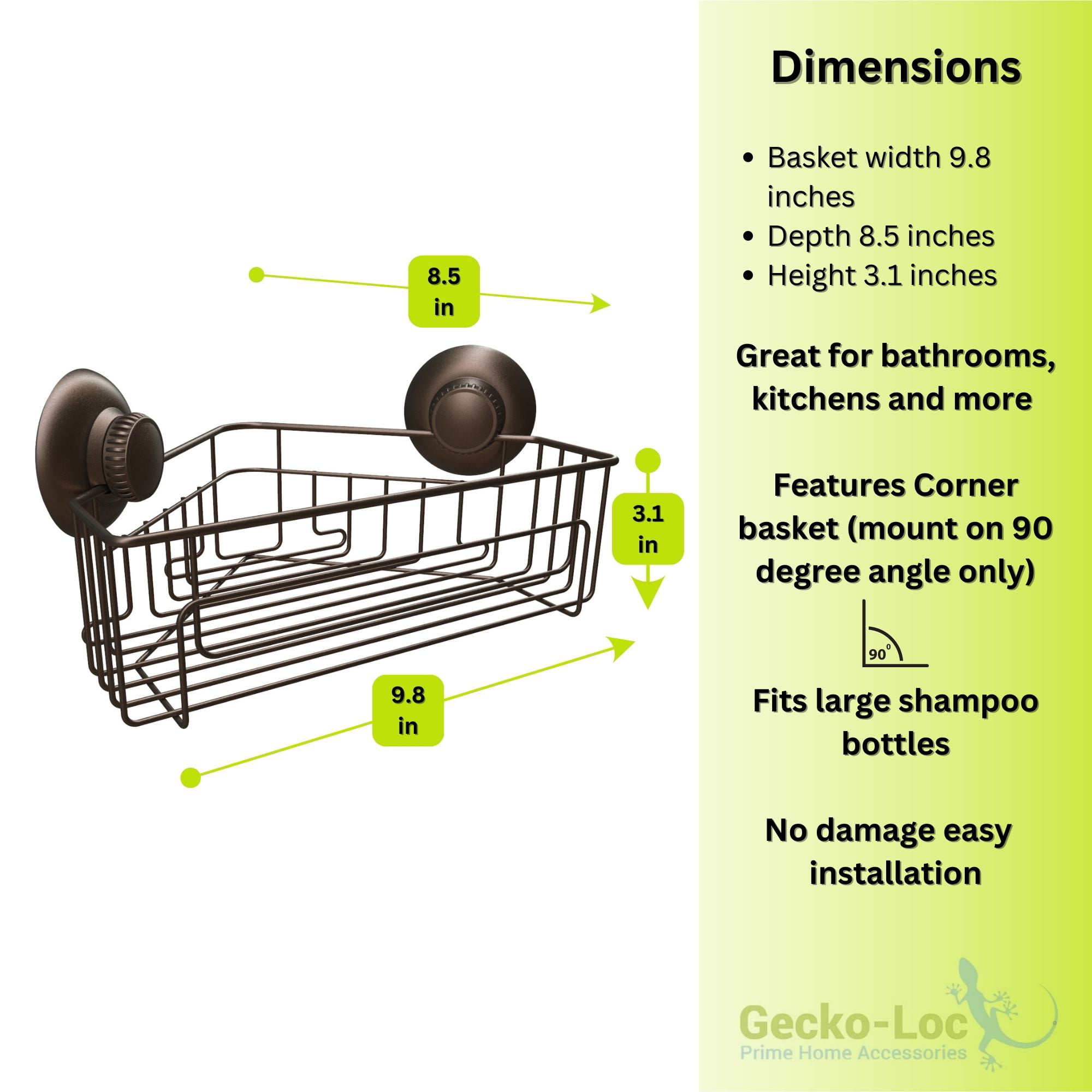 Gecko-Loc Suction Cup Shower Caddy Bath Organizer – Bathroom Storage Basket  (Bronze, Deep) – Gecko-Loc