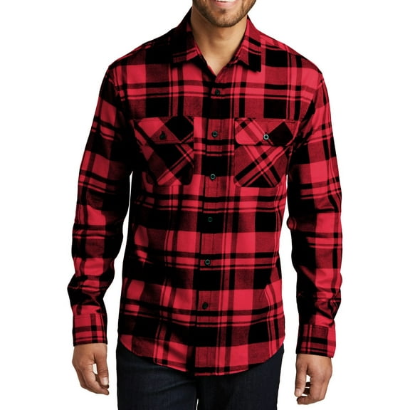 Just Blanks Plaid Flannel Shirt Open Collar Bias-Cut Back Yoke, Engine Red, 4XL