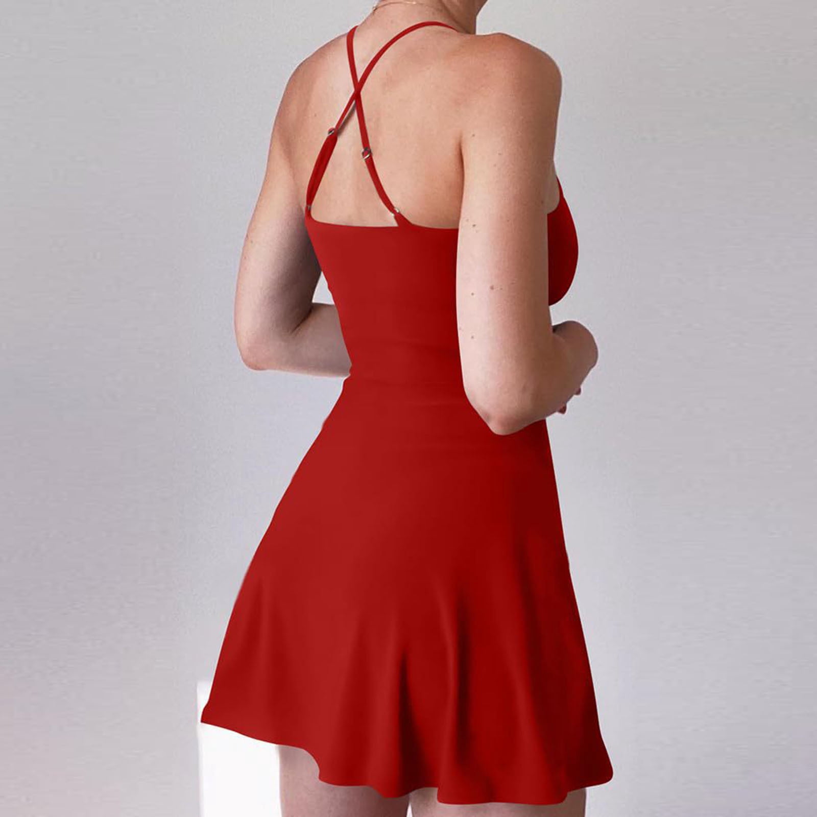 Spaghetti Strap Tennis Dress for Women Cross Back Sleeveless Athletic A-Line Golf Mini Dresses Build in Shorts