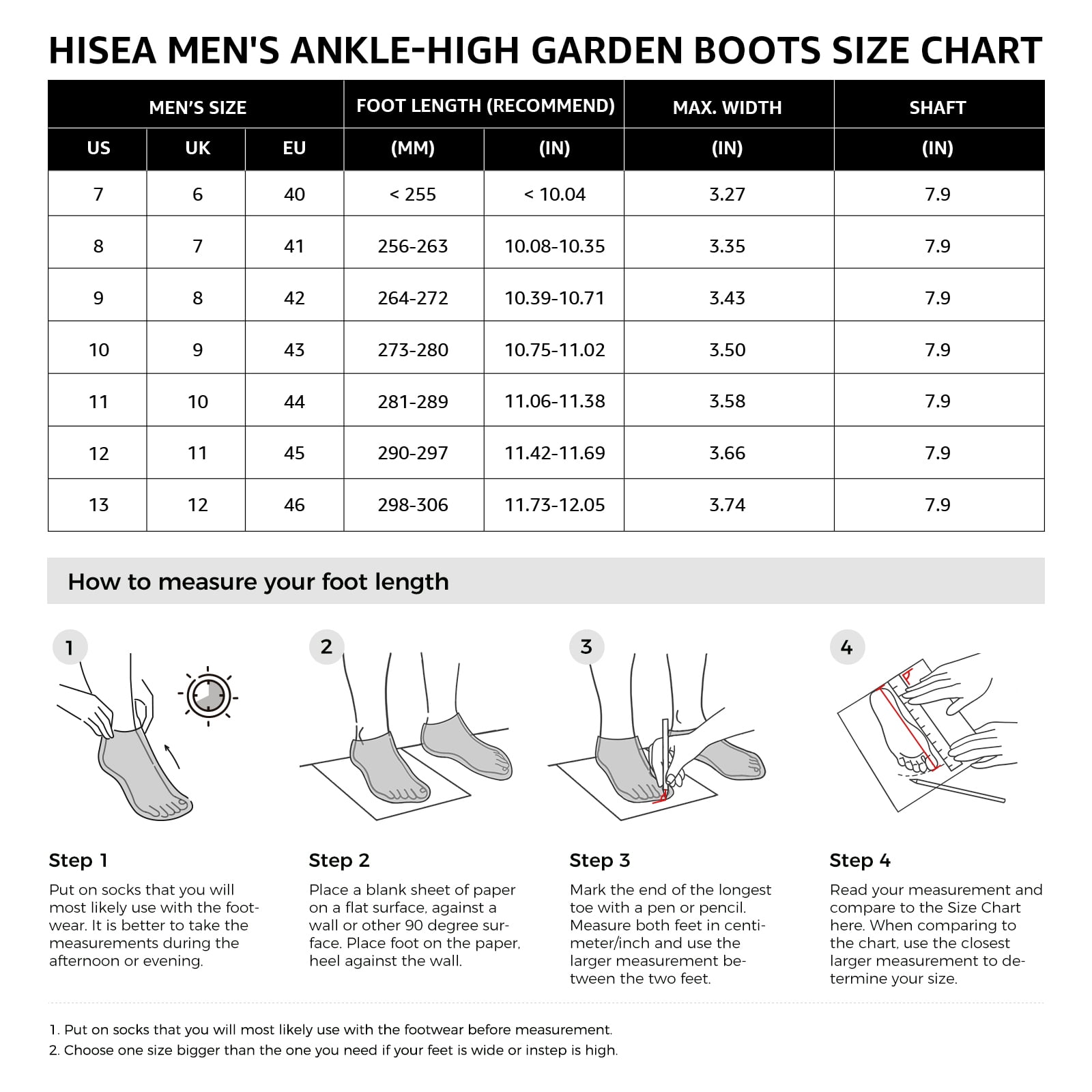 HISEA Men's Rubber Rain Boots Waterproof Outdoor Ankle Mud Boots Black US Size 10