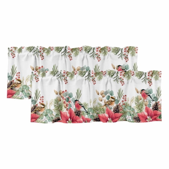 Christmas Poinsettia Curtain Valances for Windows, Kitchen Valance Window Treatments Panel 2 Pack, Xmas Cardinal Pine Cone Branches Rod Pocket Short Curtains for Bathroom Bedroom 54 x 18 Inch