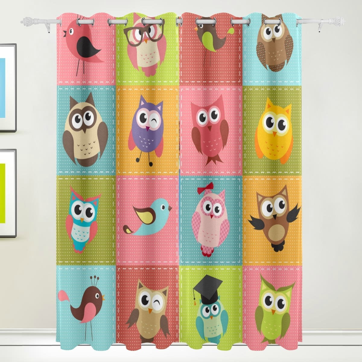 Popcreation Patchwork Background With Owls Window Curtain Blackout