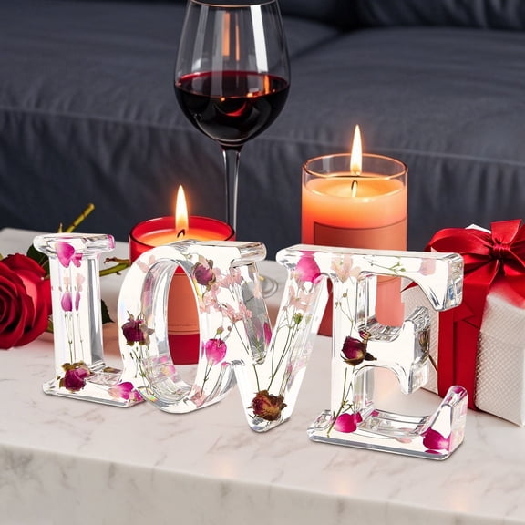 Romantic Valentine's Day LOVE Letter Tabletop Decor – 3" Resin Floral Embedded Home Decoration, Colorful Gift for Her