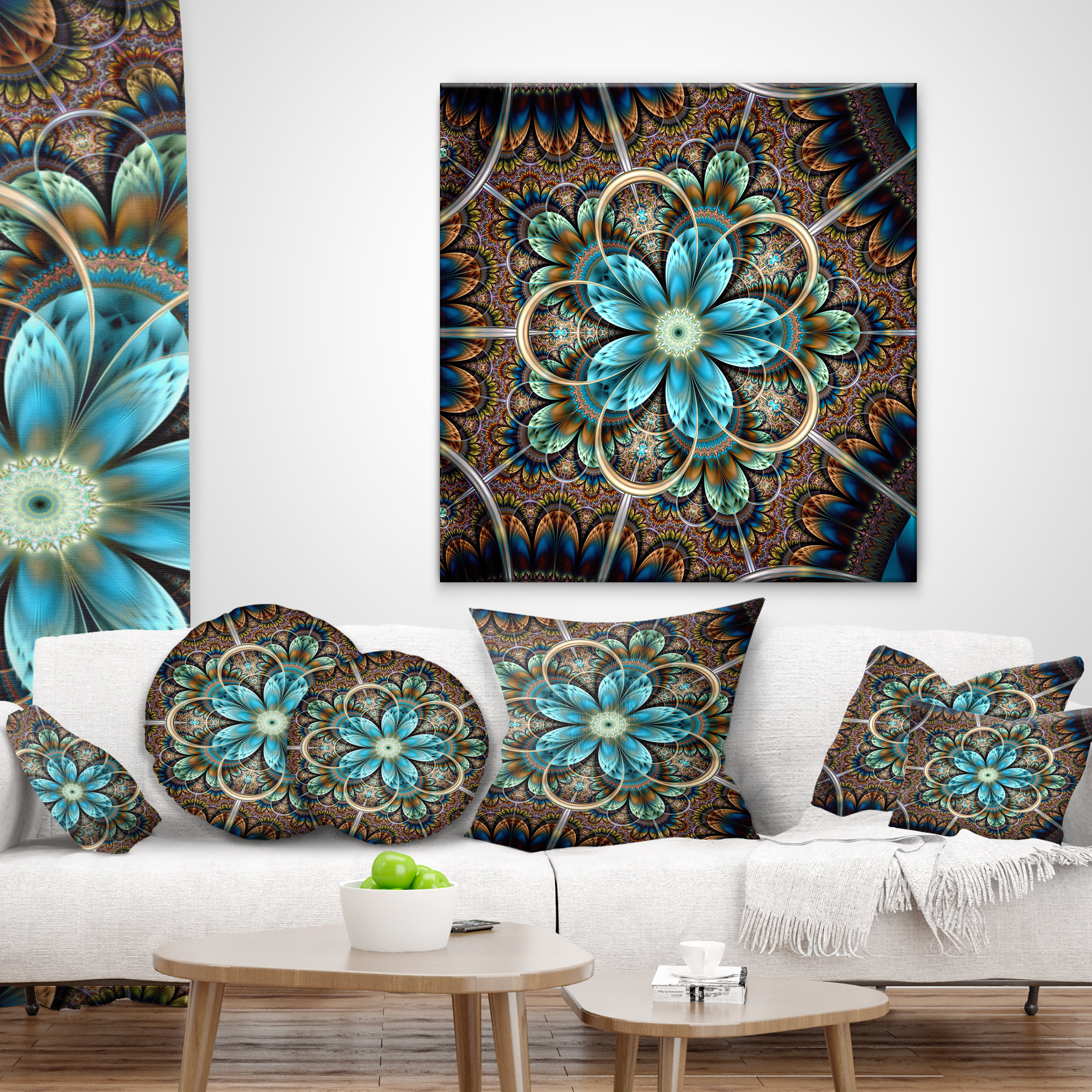 Designart Large Brown Blue Fractal Flower - Floral Throw Pillow - 12x20