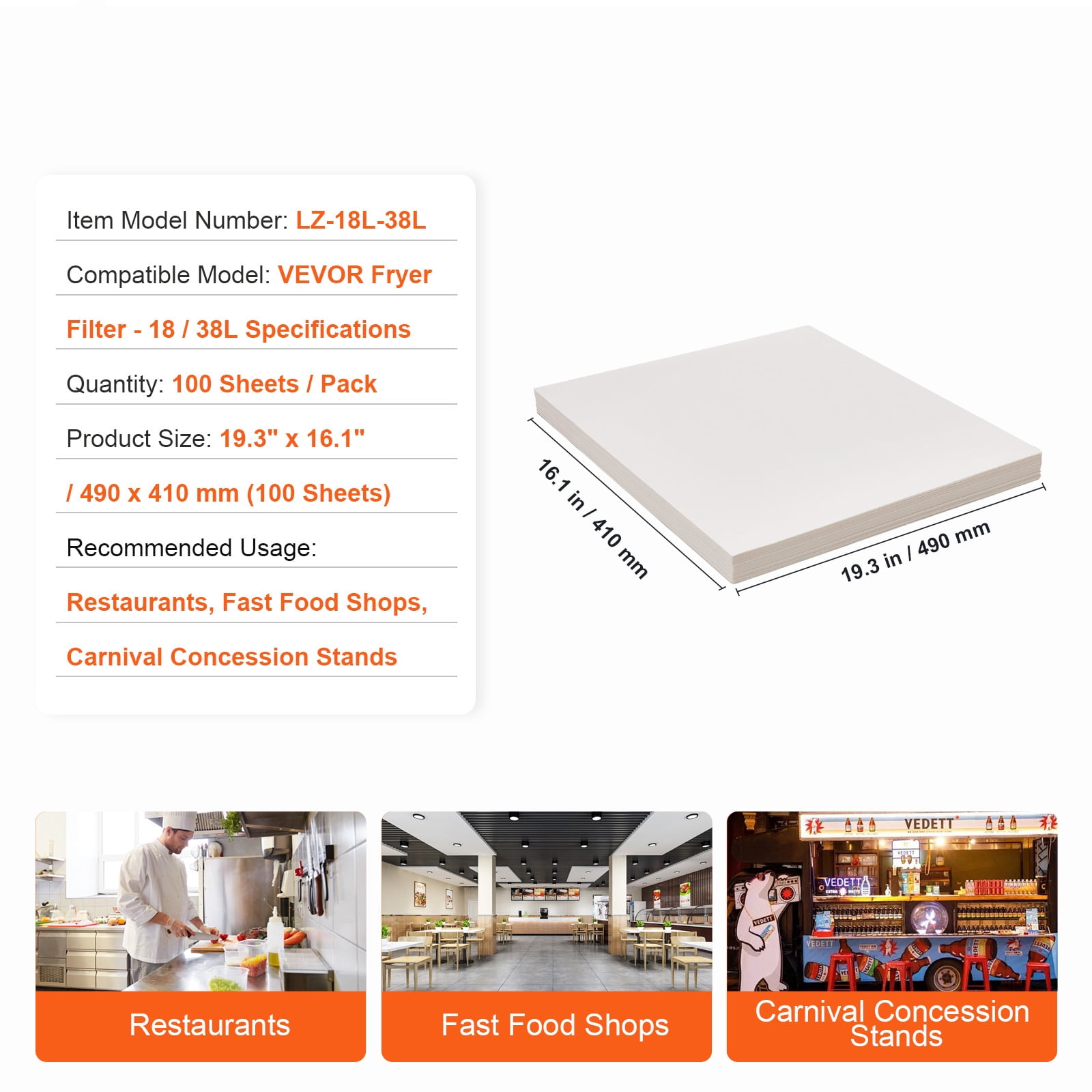 KFFKFF Fryer Filter Paper, 100-Pack, 19.3" x 16.1", Suitable for 18L/38L Mobile Fryer Filtration Units, Ideal for Restaurants, Fast Food Outlets, and Festival Food Booths