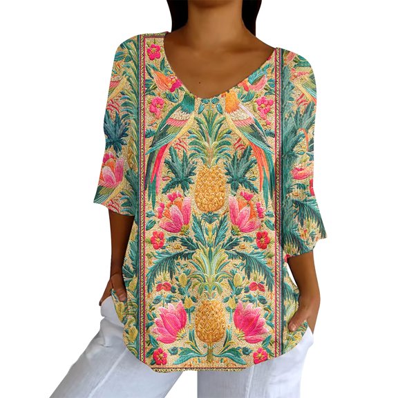 Tittly Graphic Tees for Women, 3/4 Sleeve Shirts for Women Dressy Tunic Tops Casual Wear with Floral, V Neck Tops for Women, Fashion Clothing for Women Green L