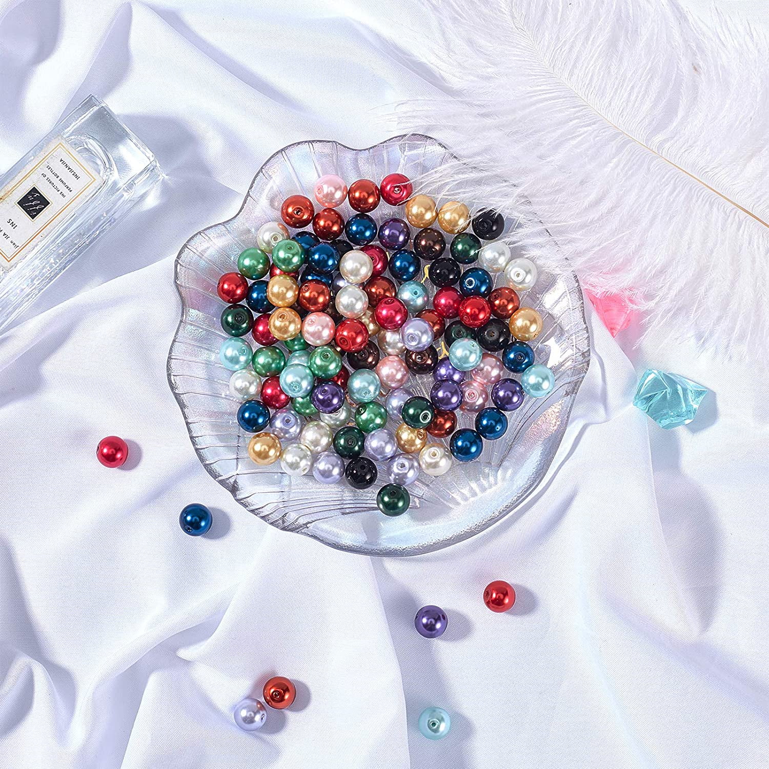 225pcs 15 Color Glass Pearl Beads 10mm Dyed Round Beads Satin Loose Luster Imitation Pearl Beads for Making Earring Necklaces Bracelets and Jewelry DIY Craft Hole: 1mm DIY