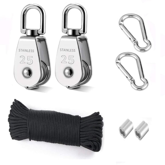TooTaci Pulley Block System, Stainless Steel Pulley Wheel Block and Tackle, 66ft Nylon Rope & Spring Snap Hook for Indoor Outdoor Lifting and Hanging