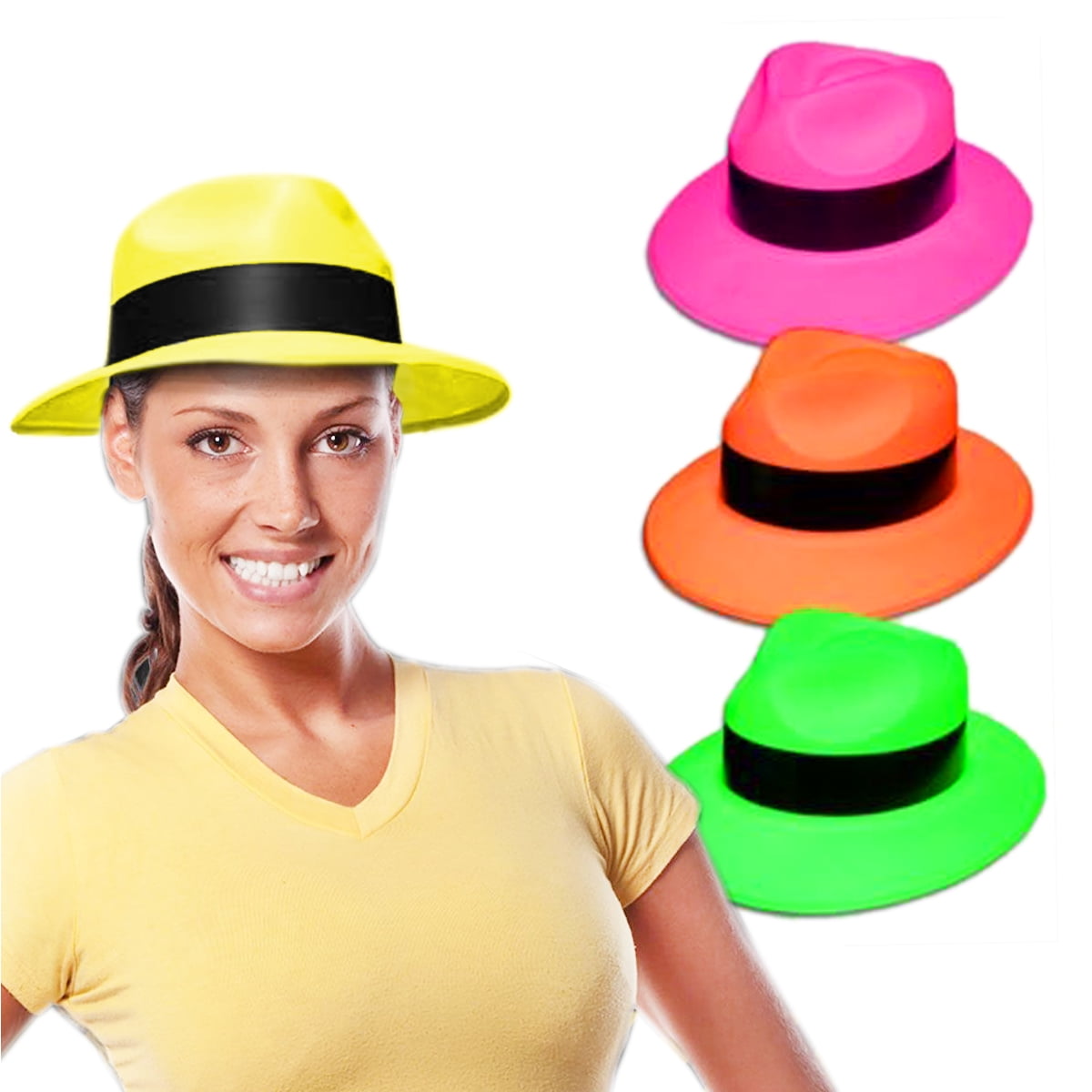 Novelty Place [Party Stars] Neon Color Gangster Fedora Plastic Party Hats for Kids Teens and