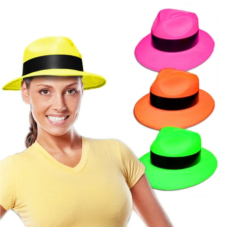 Novelty Place [Party Stars] Neon Color Gangster Fedora Plastic Party Hats for Kids Teens and Adult (Pack of 12)