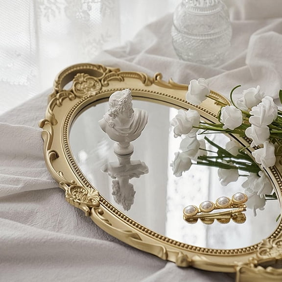 Gold Mirror Tray, Jewelry Perfume Vanity Dresser Ornate Metal Decorative Organizer,Makeup Storage,for Bathroom Washstand, Living room, Bedroom