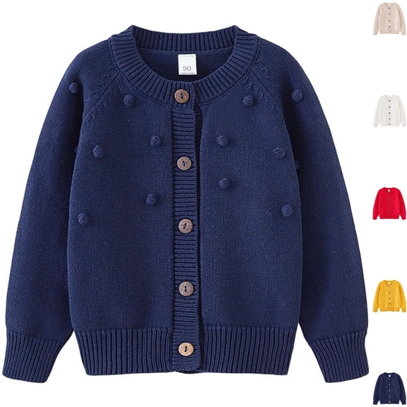 Husipze Boys Girls Cute Pom Knit Cardigan Sweater Unisex Button Front Long Sleeve Lightweight Soft Knit Jackets Dark Blue 2 Years