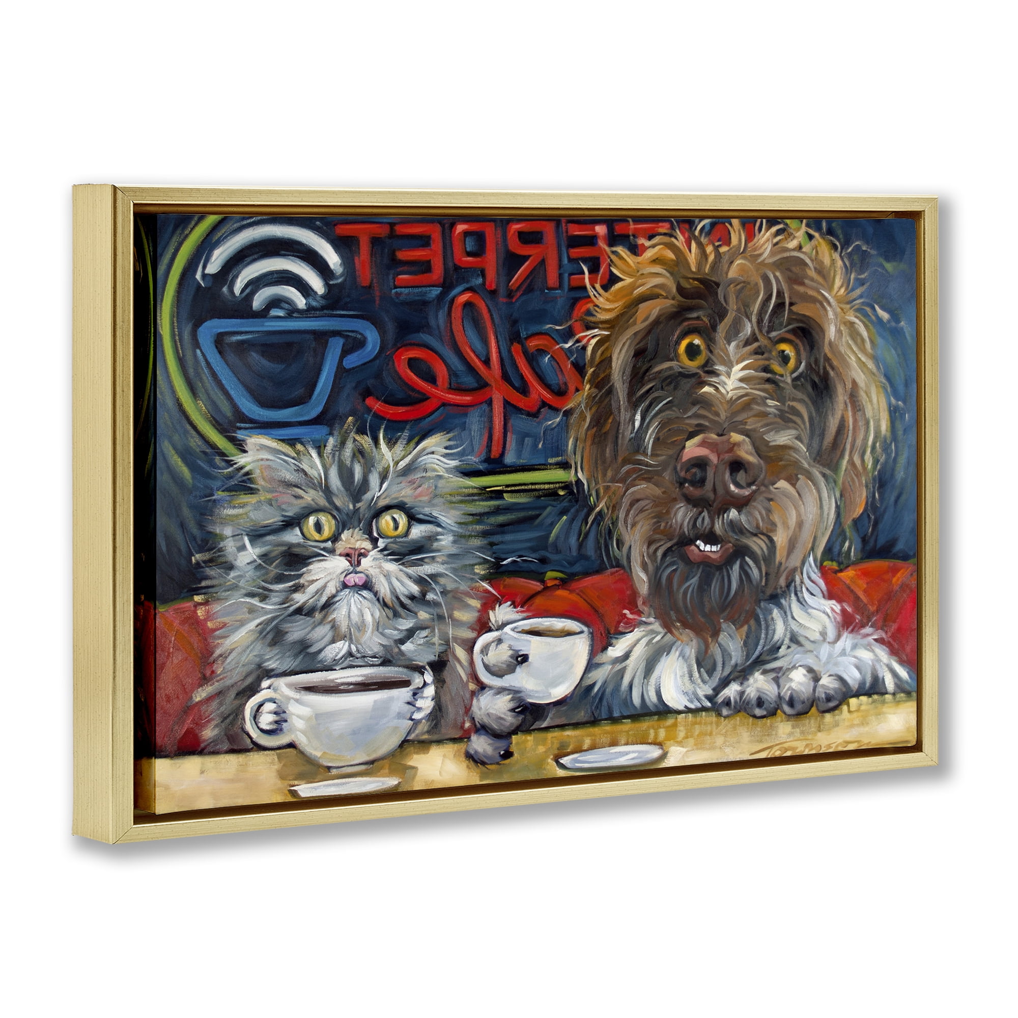 Stupell Industries Pets Wired At The Cafe Gold Framed Floater Canvas Wall Art, design by CR Townsend