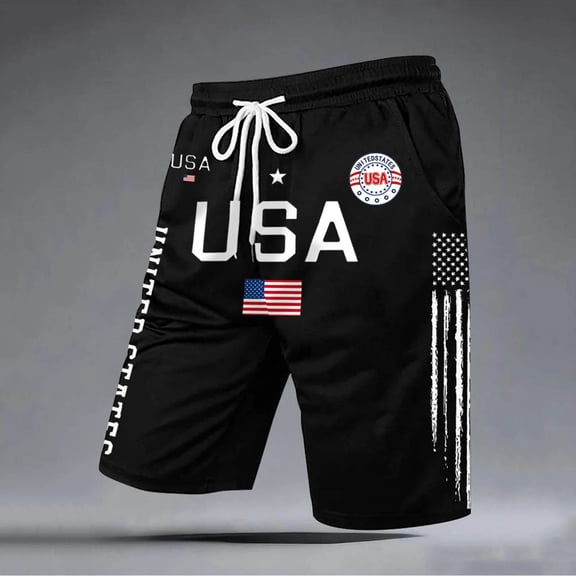 BUWTTED Men's Casual Pants Usa Flag Print 250Th Anniversary Shorts Lightweight Summer Holiday Beach Drawstring Elastic Waist Black Pants L