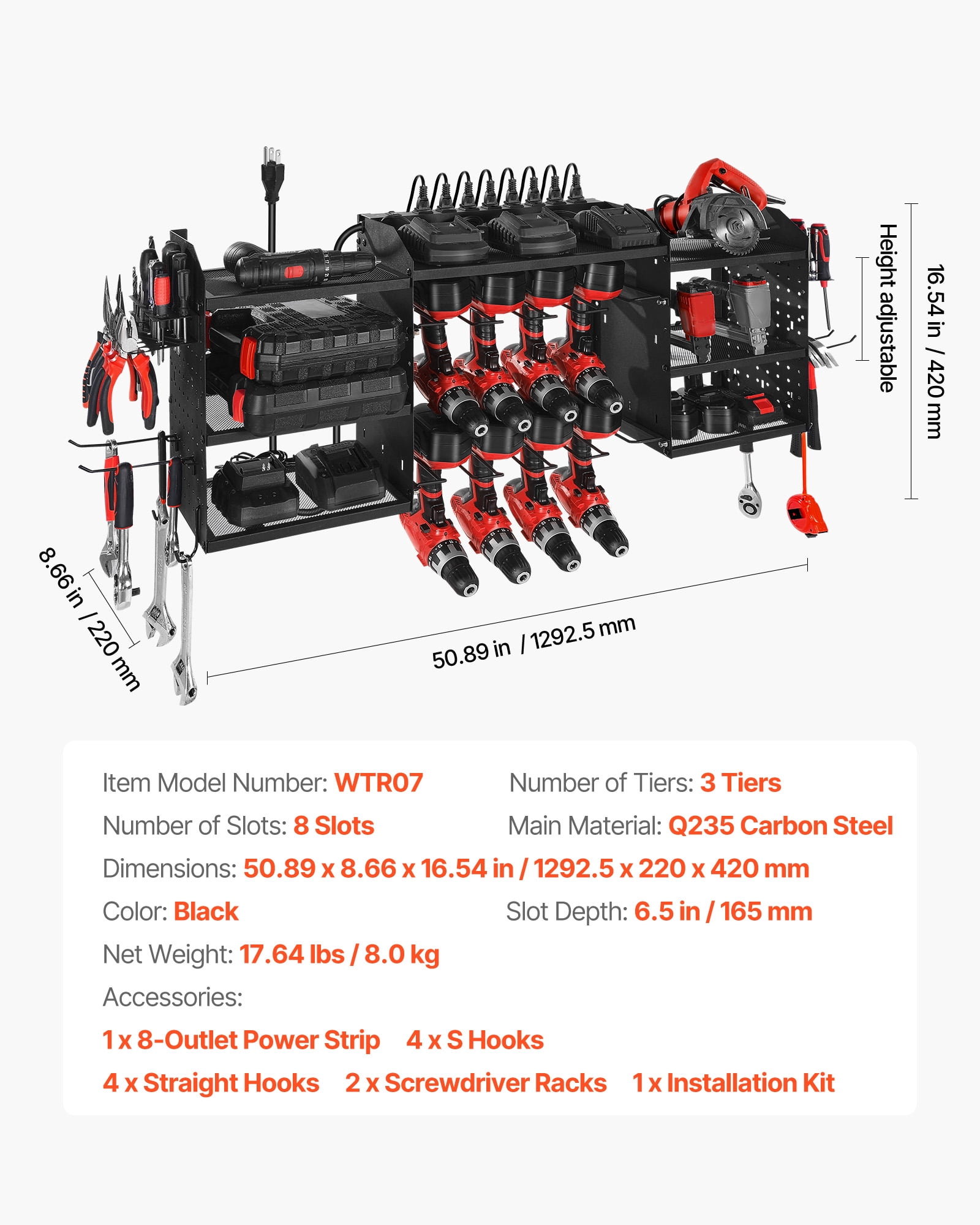 VEVOR Power Tool Organizer with Charging Station, 3-Layer Power Tool Battery Storage Rack with 5.58 ft Power Strip, 8 Drill Holders & 8 Outlets, Garage Tool Organizer for Garage, Workbench, Workshop