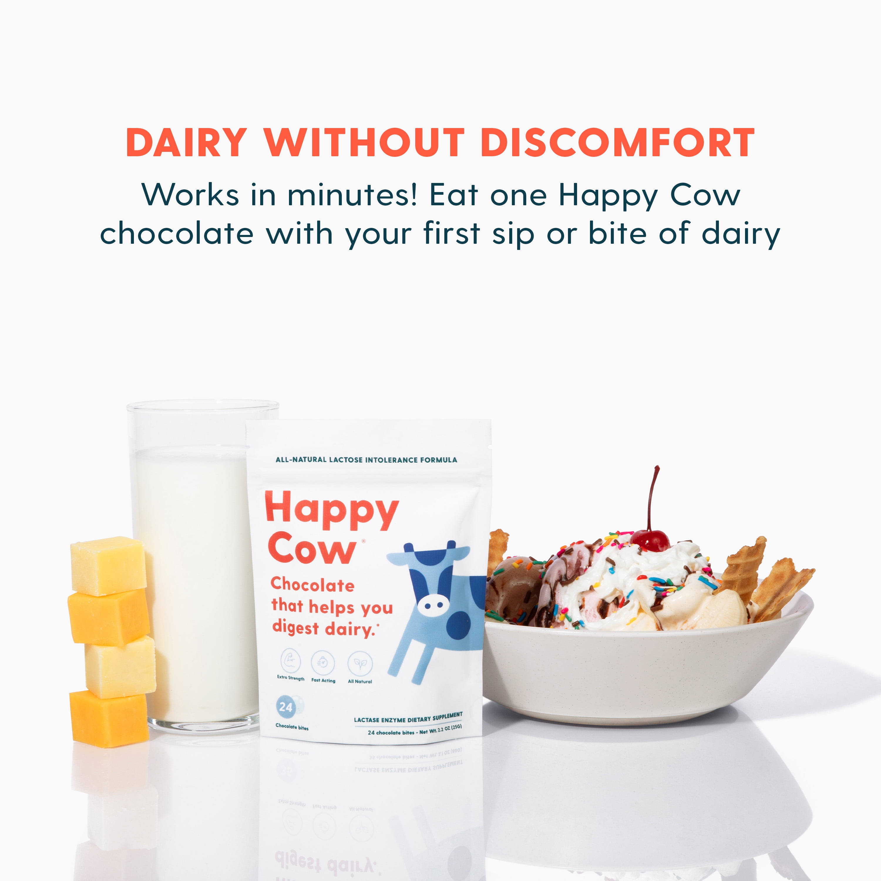 Happy Cow Lactase Supplement for Dairy & Lactose Intolerance, Fast-Acting Relief, 24 Count
