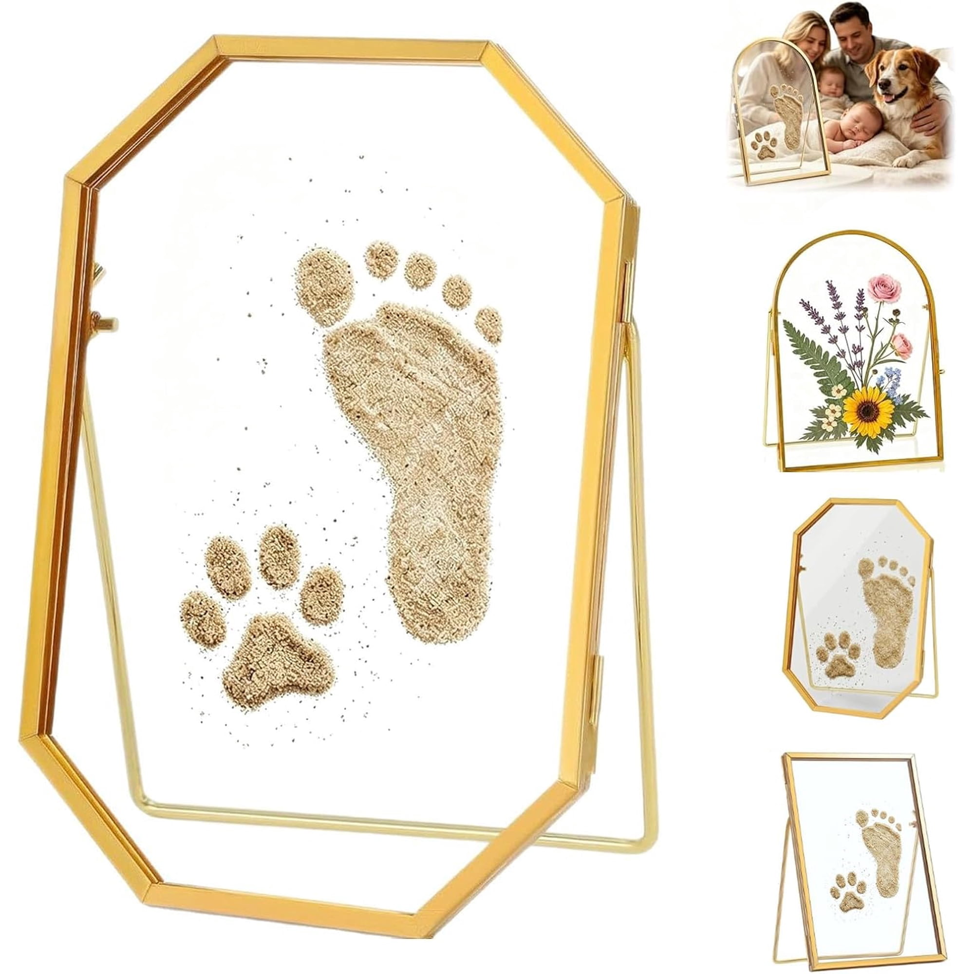 Baby & Pet Keepsake Frame DIY Sea Sand Newborn Hand Footprint Kit Cat Dog Paw Print Metal Floating Display Double Glass for Nursery New Mom Baby Shower Gifts Pressed Flowers (#2,20×25)
