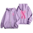 thumbnail image 2 of Cnbwig Oversized Sweatshirt for Women Cancer Day Ribbon Feather Print Zipper Long Sleeve Drawstring Sports Loose with Pocket Trend Hoodies for Fall A-Purple XXL, 2 of 5
