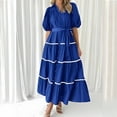 thumbnail image 5 of Summer Dresses for Women, Women's 2024 Boho Dress V Neck Short Sleeve Belted Ruffle Hem A-Line Flowy Maxi Dresses Stripe Beach Sundress, 5 of 5