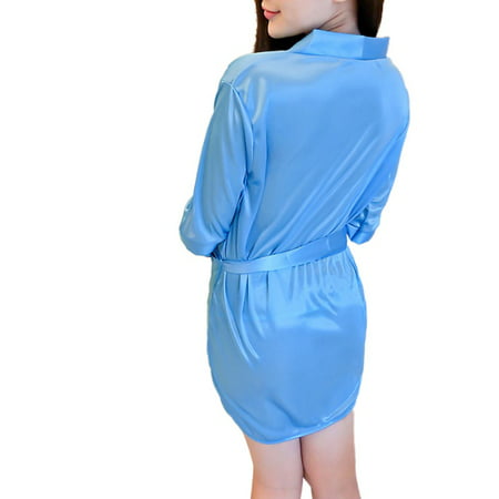 

Mid-sleeve Nightwear Robes Short Kimono Style V-Neck Bathrobes Solid Lace Ice Silk Sashes Sleepwear Blue