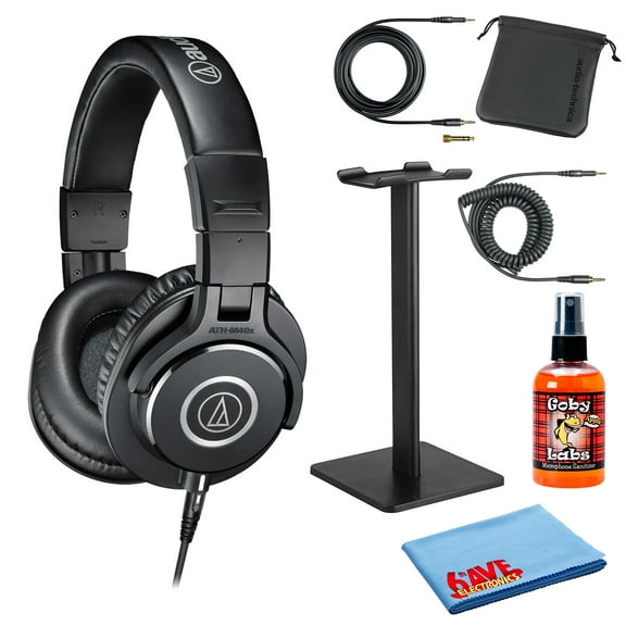 Audio-Technica ATH-M40x Professional Studio Monitor Headphones,Cutting Edge Engineering, 90 Degree Swiveling Earcups with Headphone Stand & Goby Labs Headphone Cleaner w/Cloth
