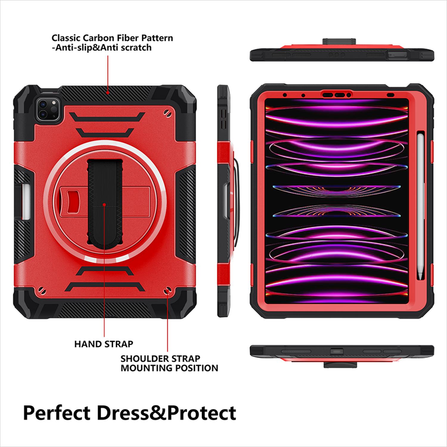 Shockproof Case for Apple iPad Pro 11 Inch 2024 M4, with Pencil Holder Military Grade Protection Rotating Stand Hand Strap Shoulder Strap Bumper Rugged Case for iPad Pro 11" 2024, Red