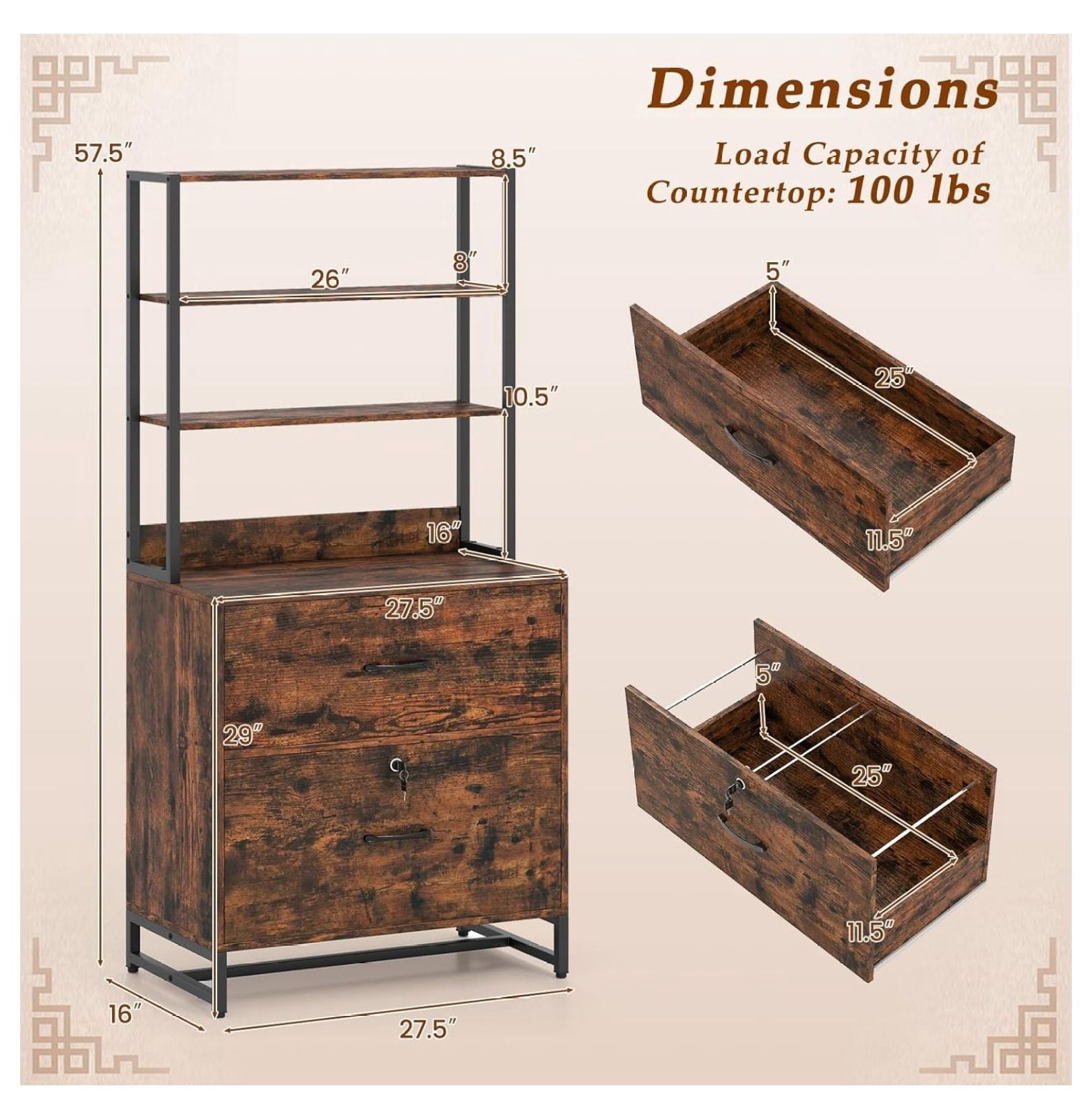 File Cabinet, 2 Drawer File Cabinet with Open Shelves & Anti-toppling Device, Industrial Lateral File Cabinet with Lock for Letter Size File Folders, Rustic Large Printer Stand, Rustic Brown