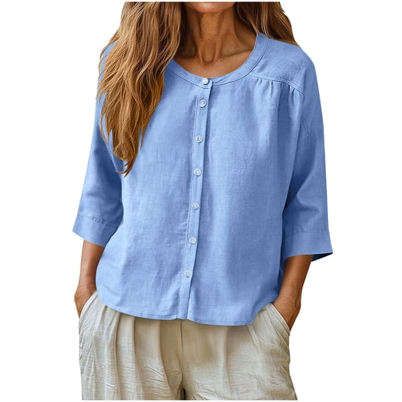 Yievot Linen Shirts for Women 3/4 Sleeve Button Down Tops Summer Casual Loose Blouses
