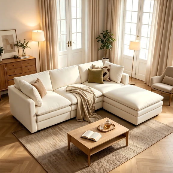 Gacale 97" L Shaped Cloud Couch Modular Sectional Sofa with 1 Ottoman, 4-Seat Deep Seat Sofa Modern for Living Room Apartment, Beige