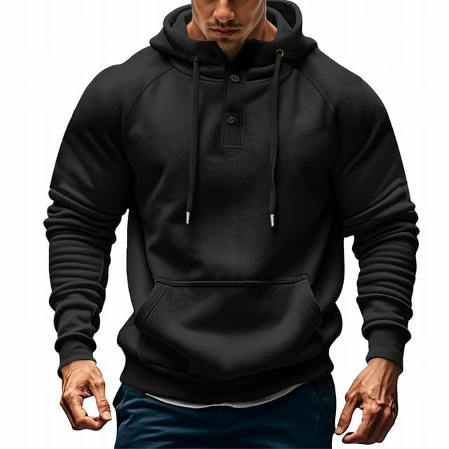 SNPOSN Men's Fall/Winter Fleece Hoodie Men's Solid Color Button Up Raglan Sleeve Hoodie Casual Pullover Sweatshirt Comfortable Lightweight Streetwear Hooded Jacket Black L