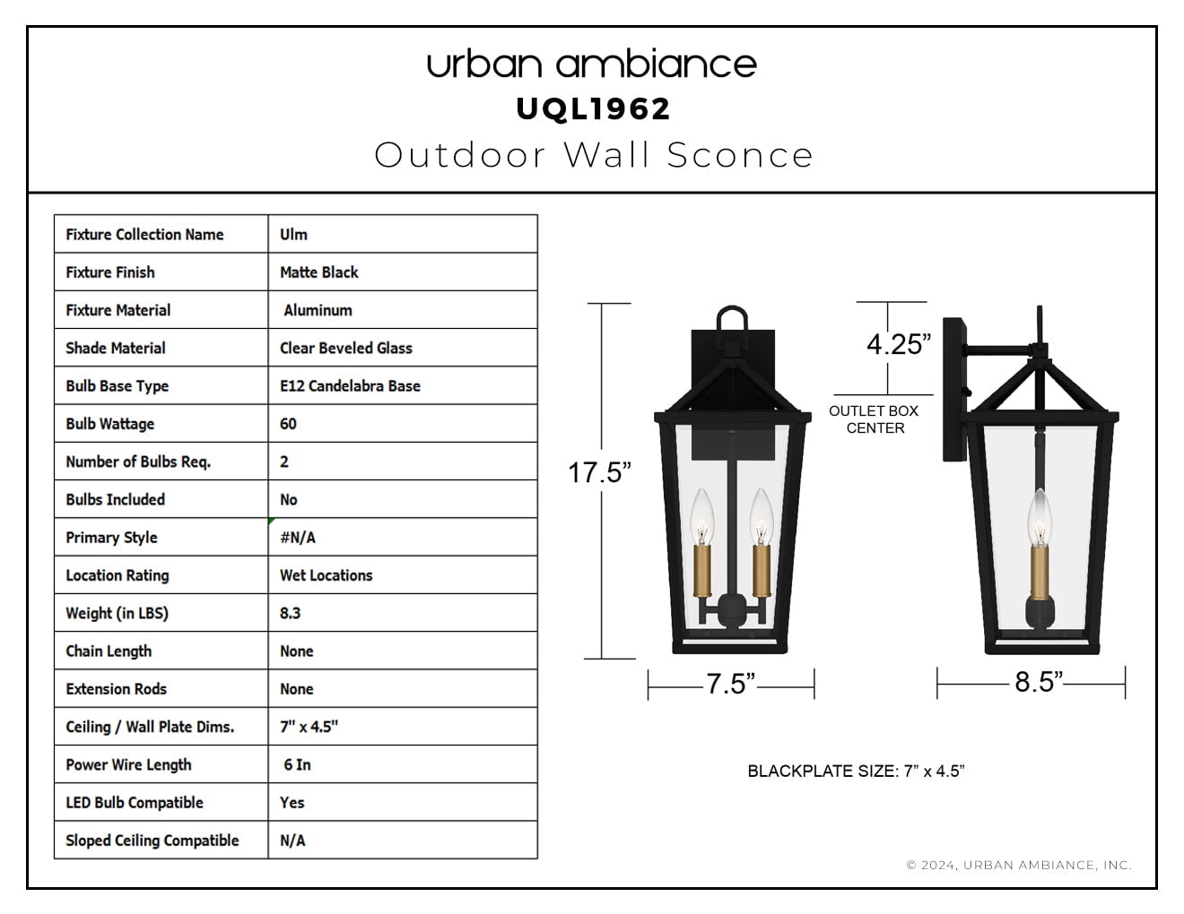 Luxury Urban Loft Wall Sconce, Small Size: 17.5''H x 7.5''W, with Mid Century Modern Style Elements, Matte Black Finish, UQL1962 from the Ulm Collection by Urban Ambiance