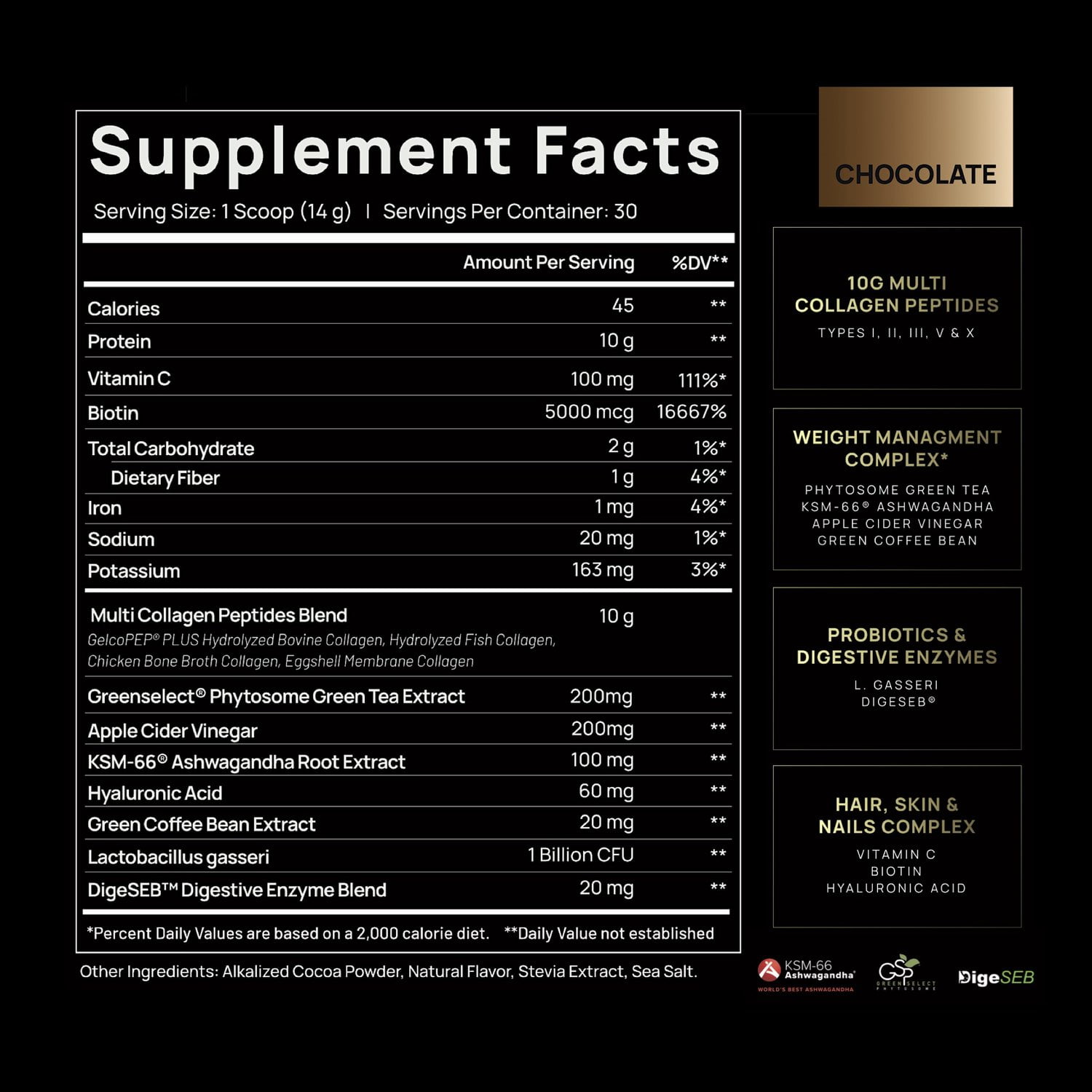 ELMNT Super Collagen Burn - Multi Collagen Peptides Powder for Women w. Apple C Vinegar (Chocolate)