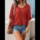 thumbnail image 5 of Camisas Holgadas de Punto Gofre con Cuello en V para Mujer, de Corta, Informales, de Verano 2025, Modernas, Lisas, Y2K. Rojo M, 5 of 10